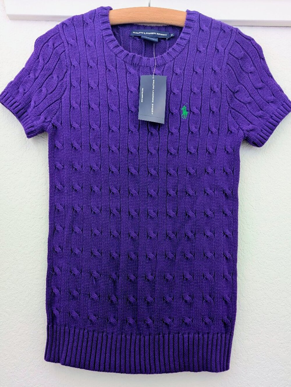 Ralph Lauren Sport NWT Short Sleeve Cable Knit Purple Sweater Green Pony Size M